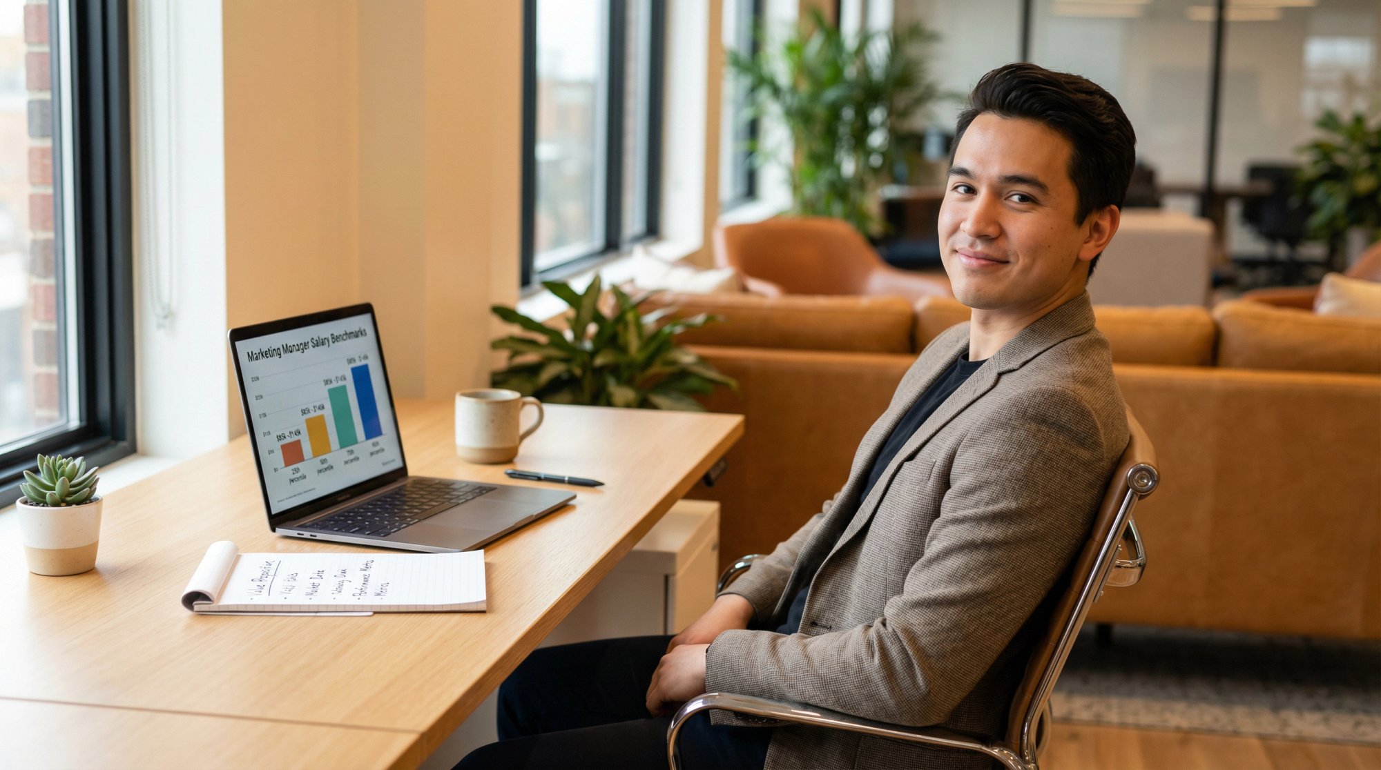 Professional marketer confidently reviewing salary data and negotiation scripts on laptop in modern workspace