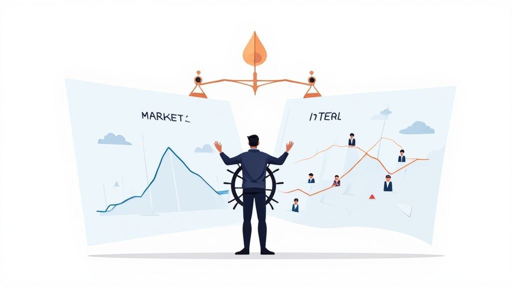 Businessman balancing market and internal data with a steering wheel under a scales icon.