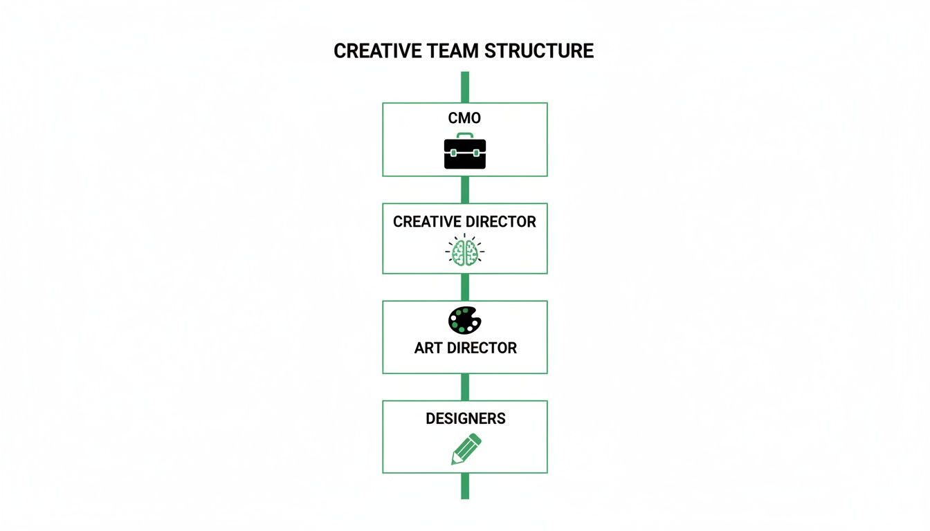Hierarchical creative team structure chart showing CMO, Creative Director, Art Director, and Designers roles.