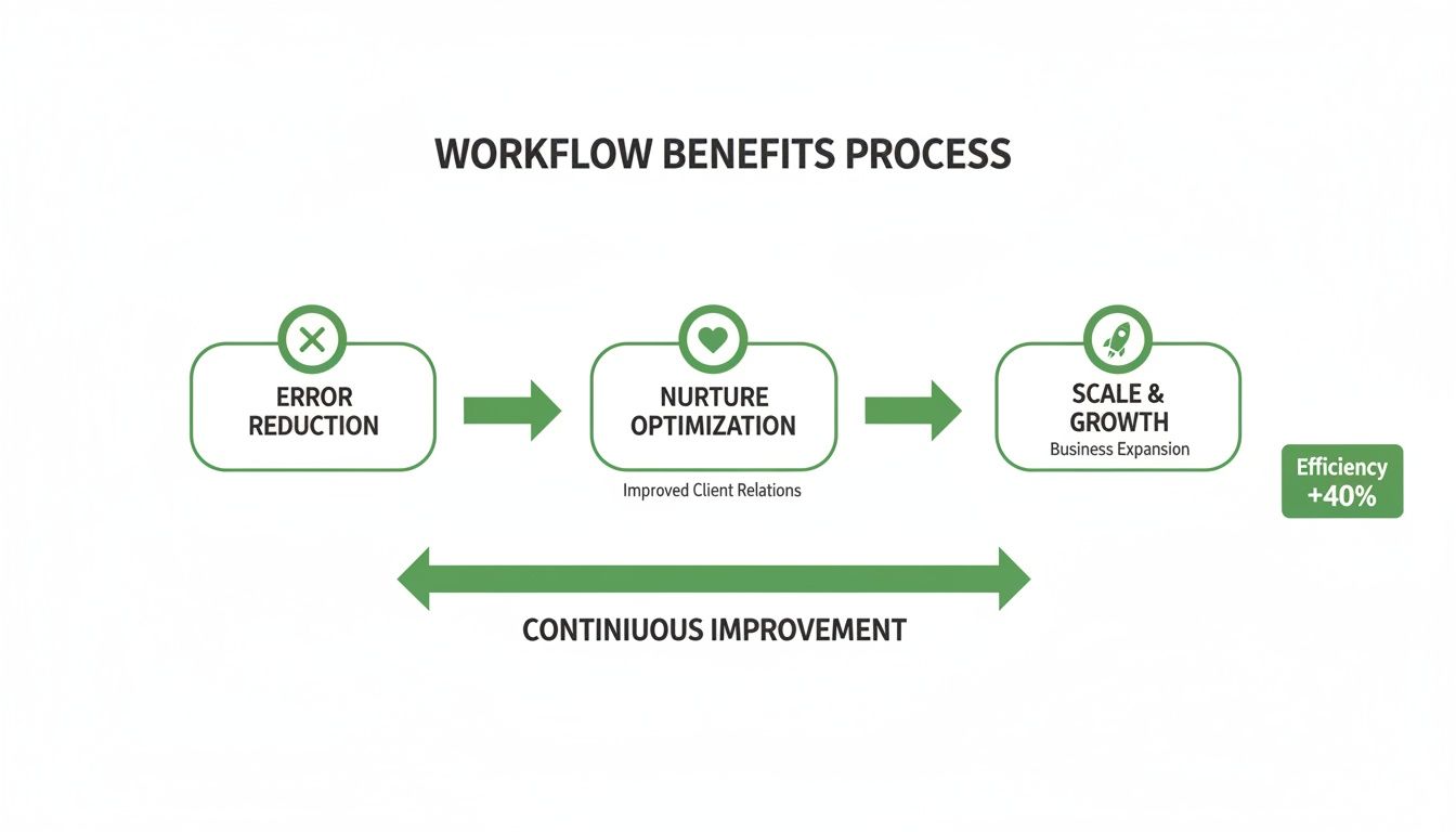Workflow benefits process showing error reduction, nurture optimization, and scale & growth, leading to 40% efficiency.