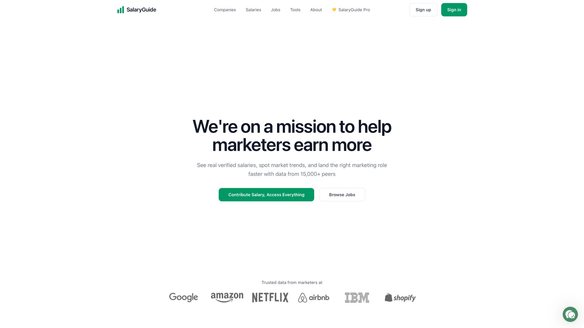 SalaryGuide homepage dashboard showing career intelligence platform for marketing professionals with data overview