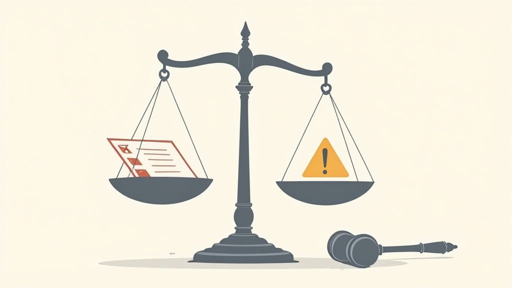 Scales of justice balancing a document with a checklist against a warning sign, with a gavel.