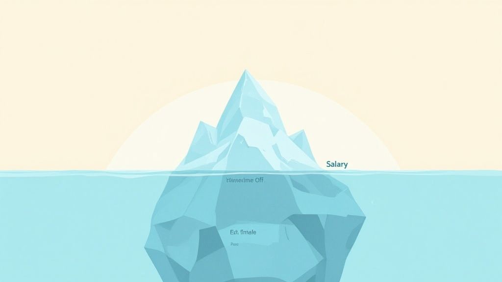 An iceberg floating in the ocean, with the tip visible above the water and a massive, hidden base below the surface.