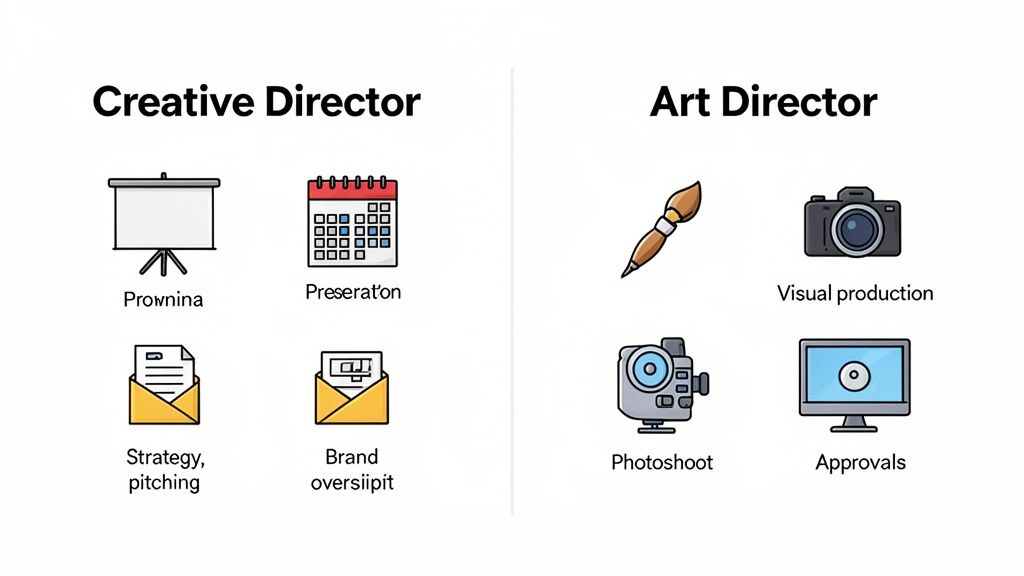 An infographic visually comparing Creative Director tasks like strategy and planning with Art Director tasks like visual production and photoshoots.