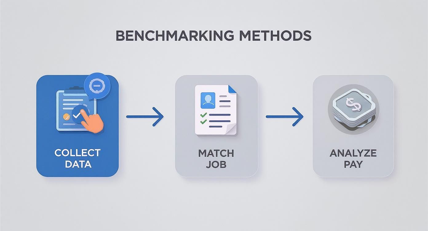A three-step diagram illustrating the salary benchmarking process: collect data, match job, analyze pay.