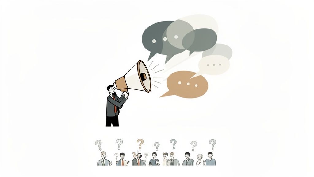 A businessman uses a megaphone to communicate, causing confusion among a diverse group of people.