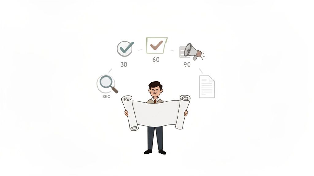 A cartoon man holds a scroll, surrounded by icons representing a 30-60-90 day plan, SEO, and documents.
