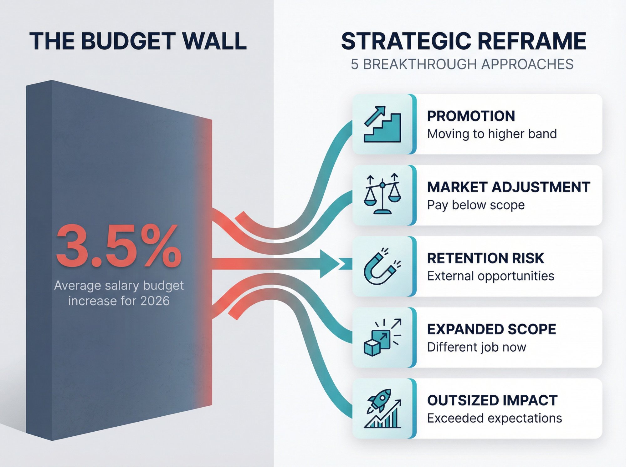 Strategic raise positioning framework showing 5 breakthrough approaches vs. standard 3.5% budget constraints