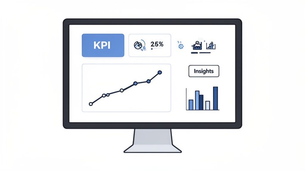 A computer monitor displaying a digital dashboard with KPI metrics, a rising line graph, and a bar chart.