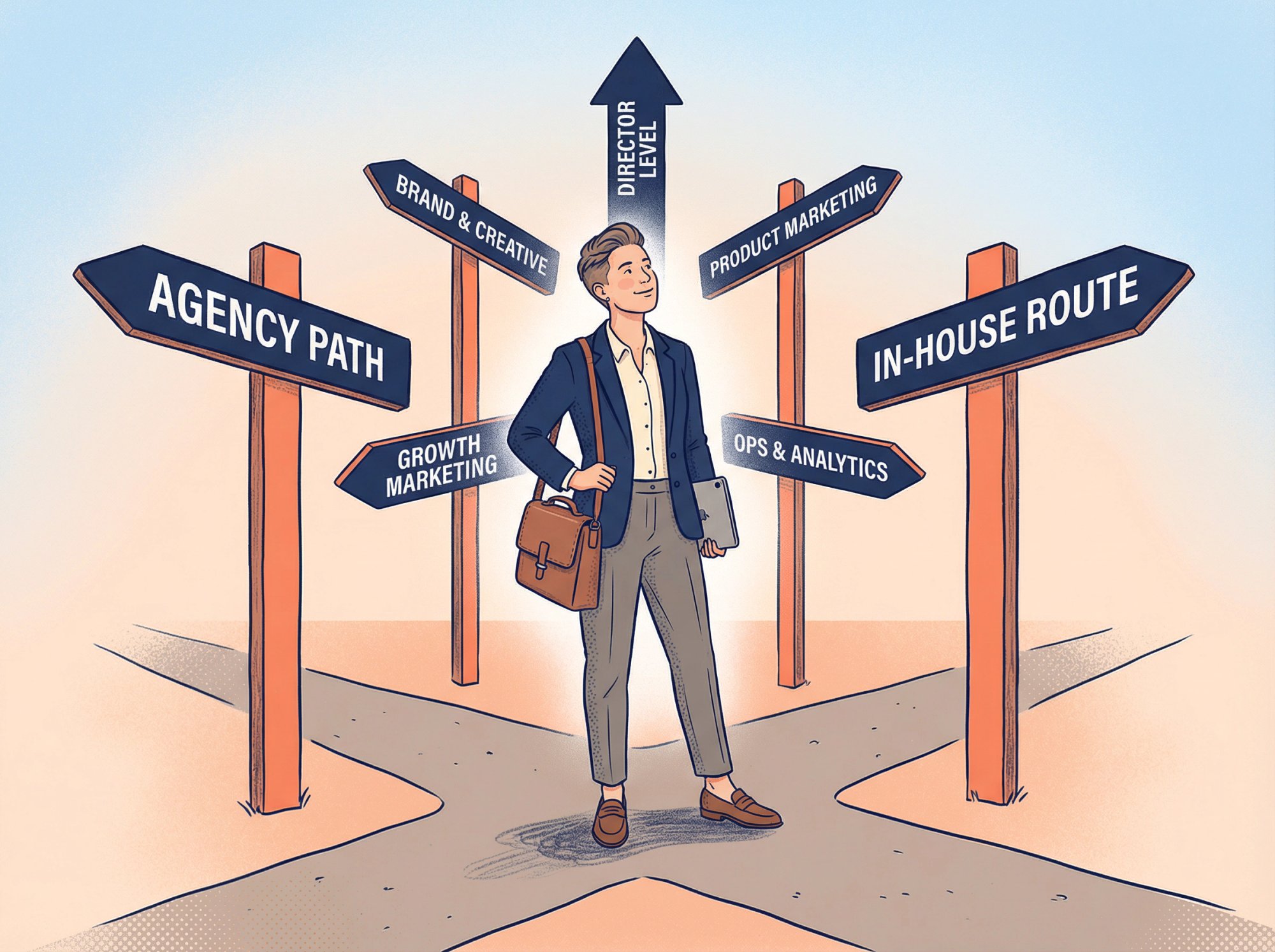 Marketing professional at career crossroads with signposts showing different paths: agency vs in-house, specialization options, promotion strategies