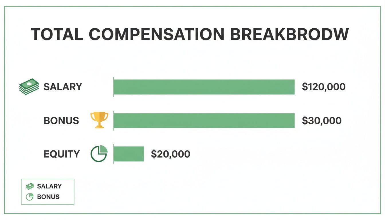 A bar chart illustrating total compensation breakdown, showing Salary at $120,000, Bonus at $30,000, and Equity at $20,000.