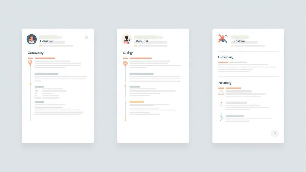 Three modern resume templates showcasing profile details and timeline sections on a light background.