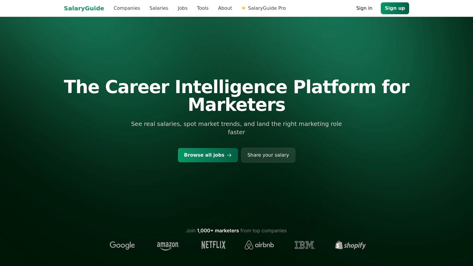 A screenshot of the SalaryGuide platform showcasing its interface for compensation analysis and career tools for marketing professionals.