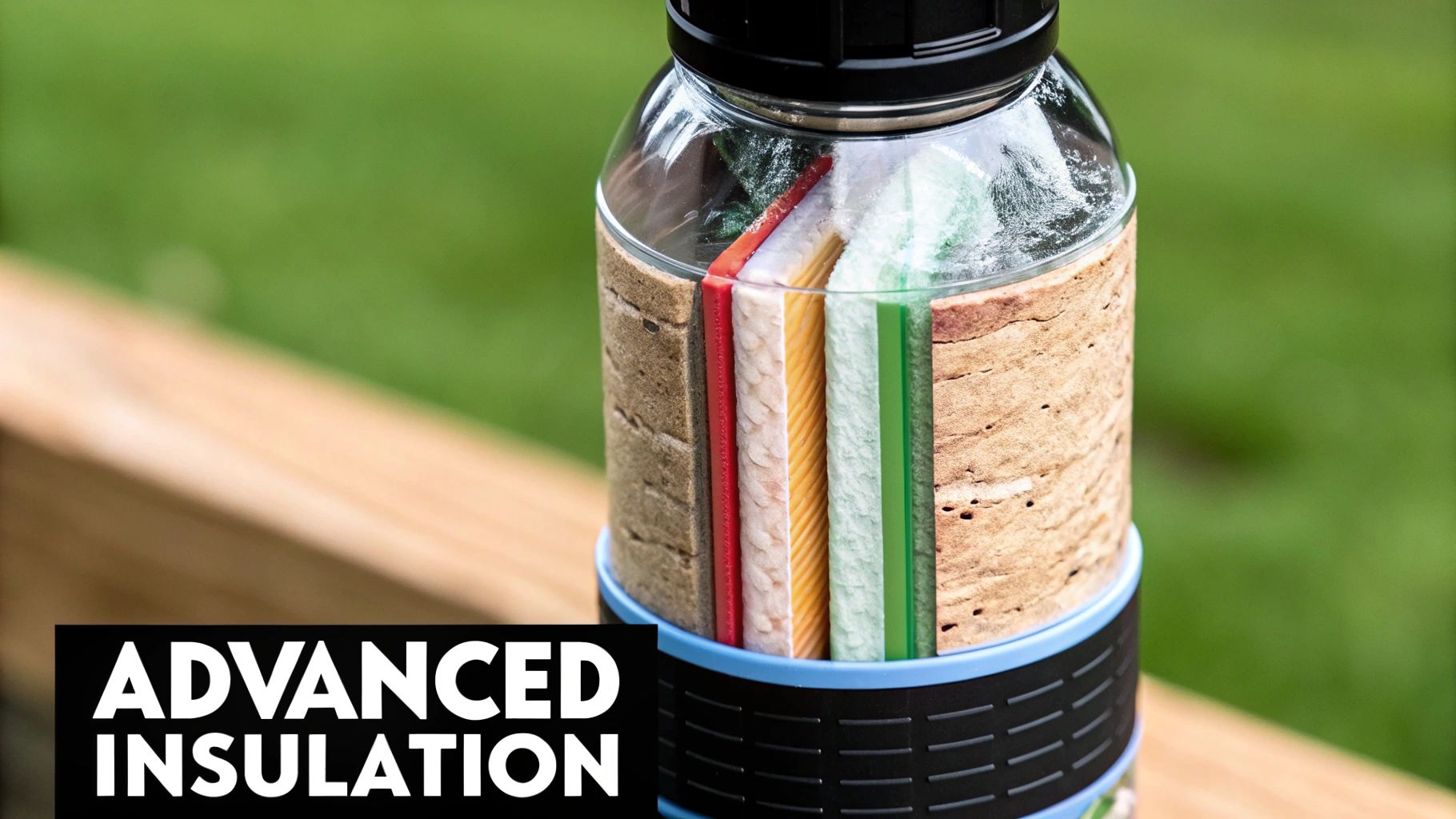 An insulated water bottle with a durable finish being held.