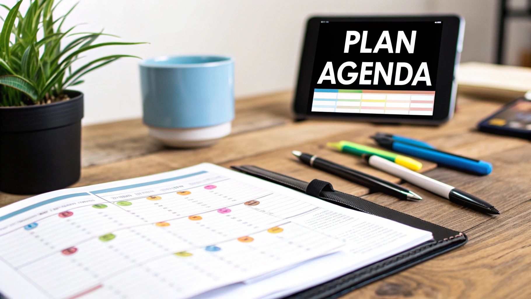 A team of event planners coordinating logistics on-site, using tablets and walkie-talkies.