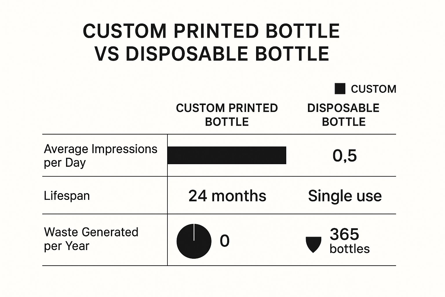 Infographic comparing the daily impressions, lifespan, and waste generation of a custom printed water bottle versus a disposable bottle.
