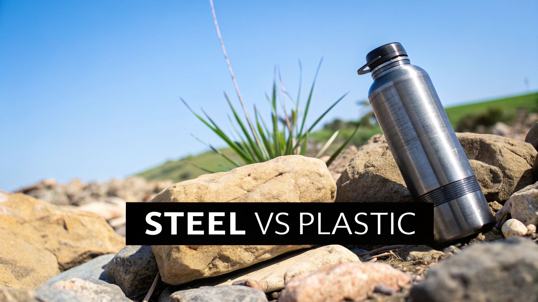 Two hikers comparing their stainless steel and plastic water bottles on a rocky trail.