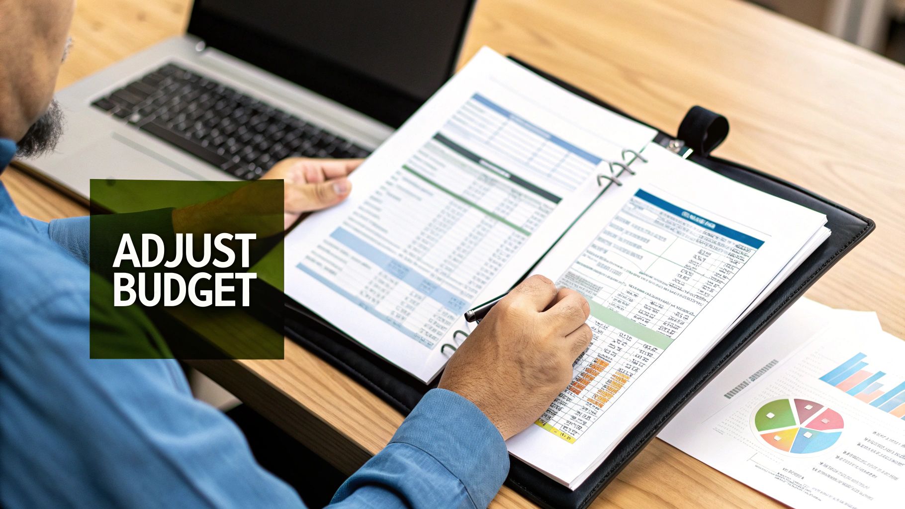 A group of event planners collaborating over a budget on a tablet.