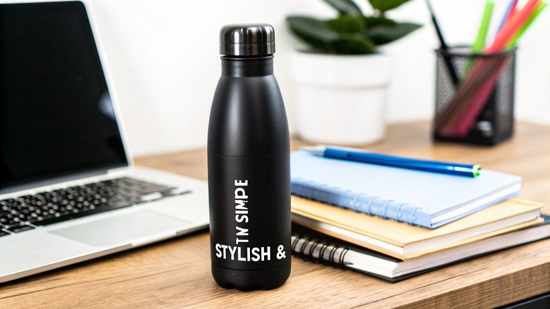 A person's hands holding a custom designed black squeeze water bottle, showcasing a clean and modern logo placement.