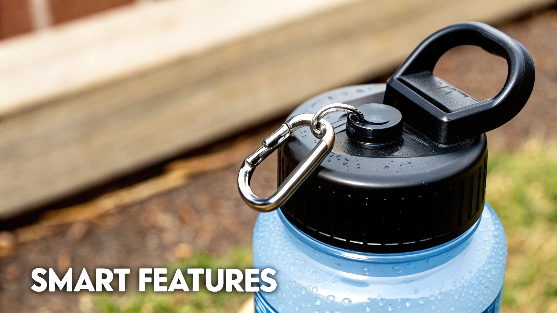 A collection of different water bottle lids and accessories laid out on a wooden surface.
