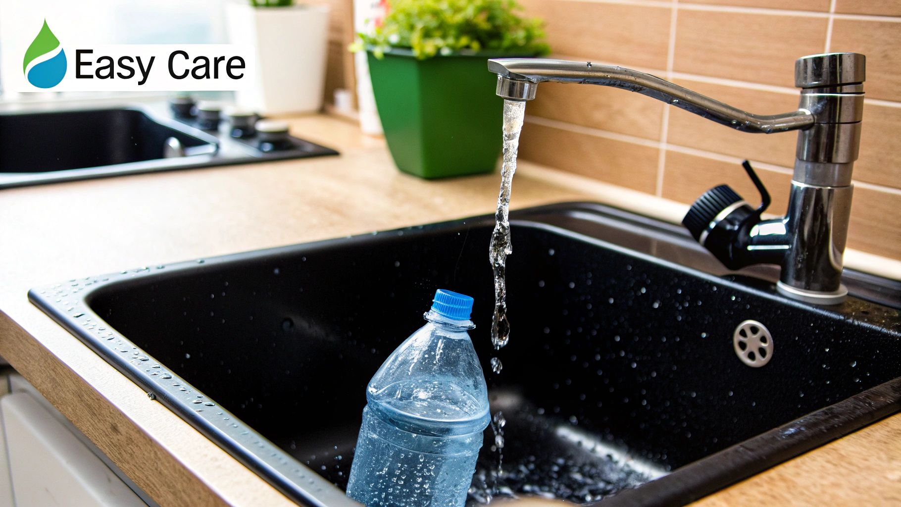 A person washing a custom water bottle in a clean kitchen sink with soap and water.