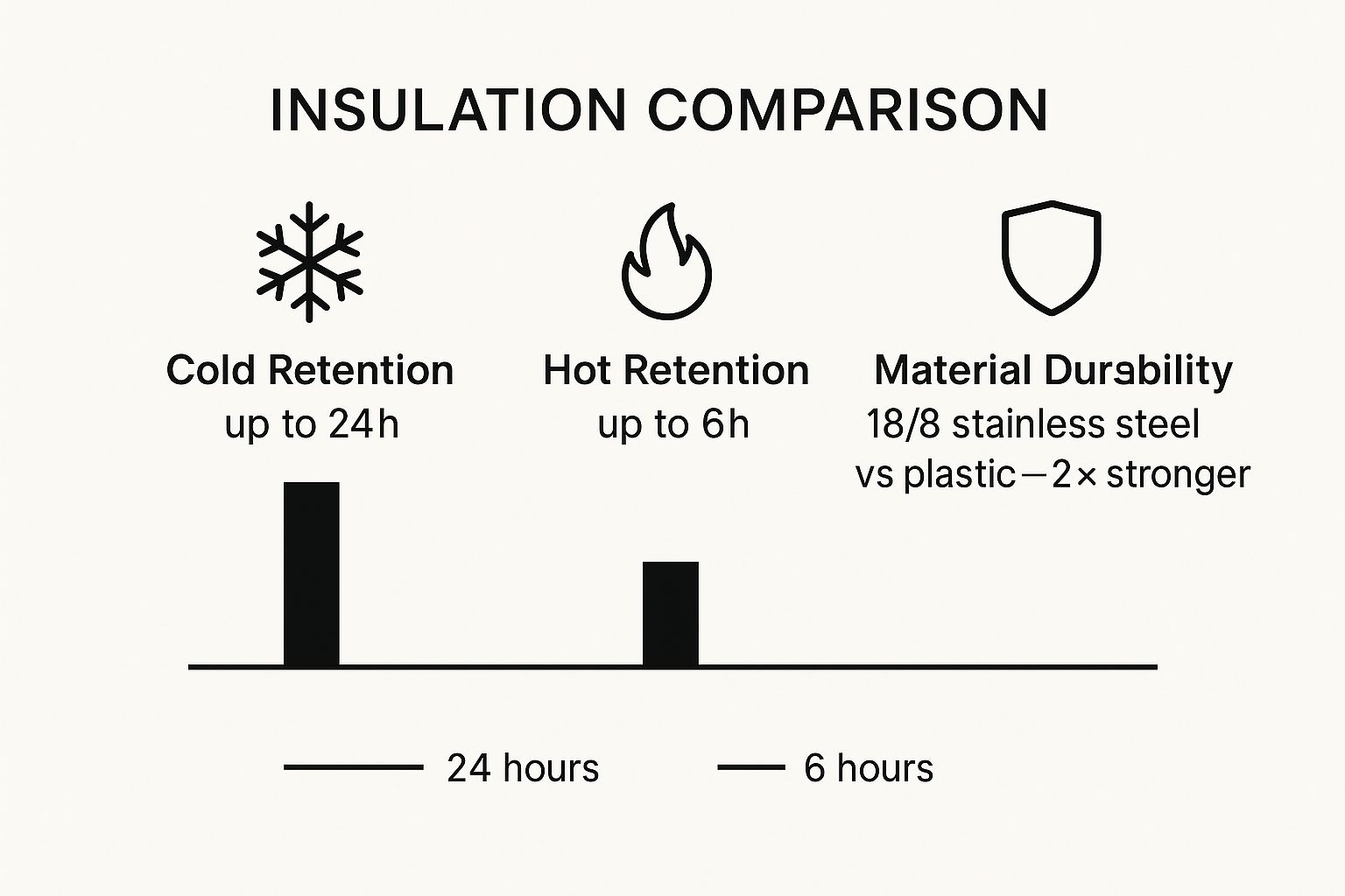 Infographic comparing cold retention, hot retention, and material durability of a 30 oz tumbler.