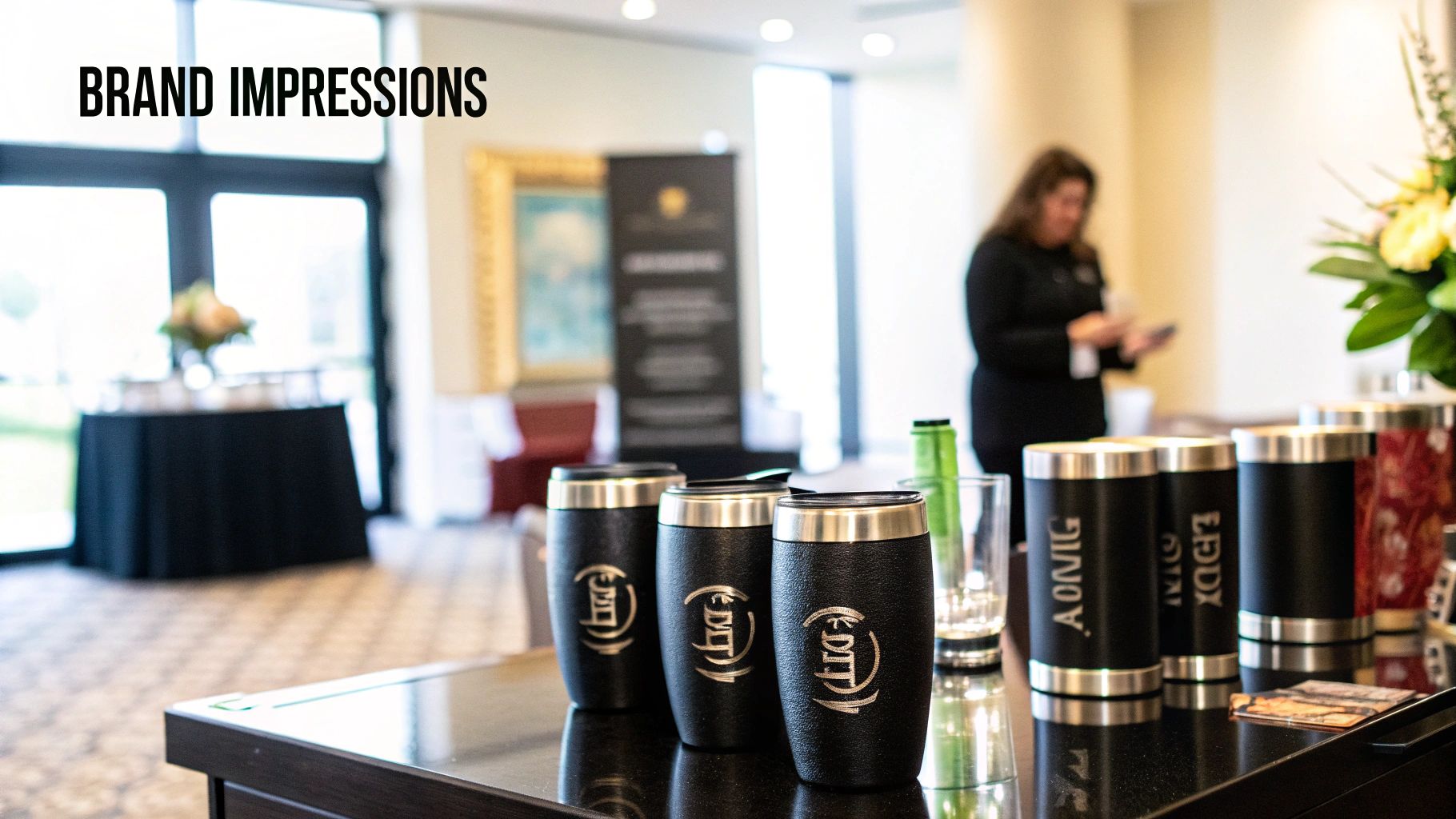 A collection of branded corporate gifts including tumblers and awards.