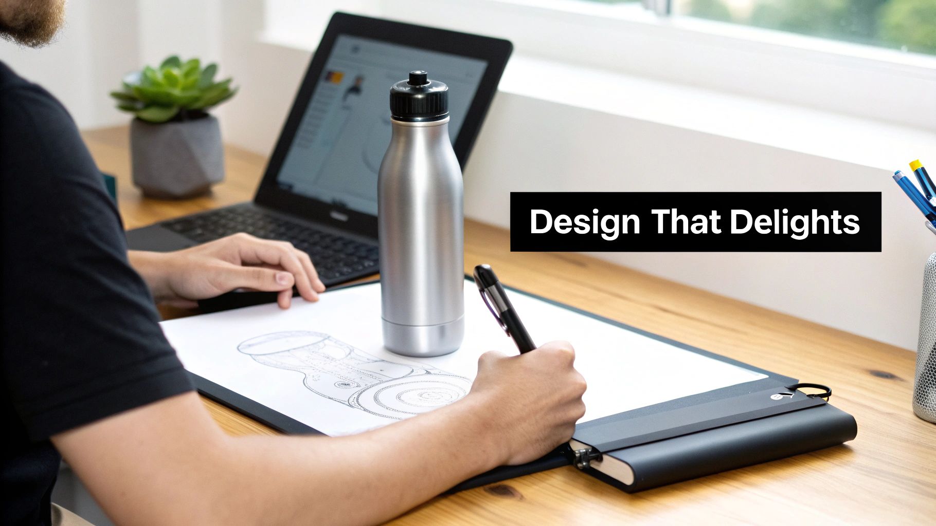 A designer working on a custom water bottle graphic on a computer.