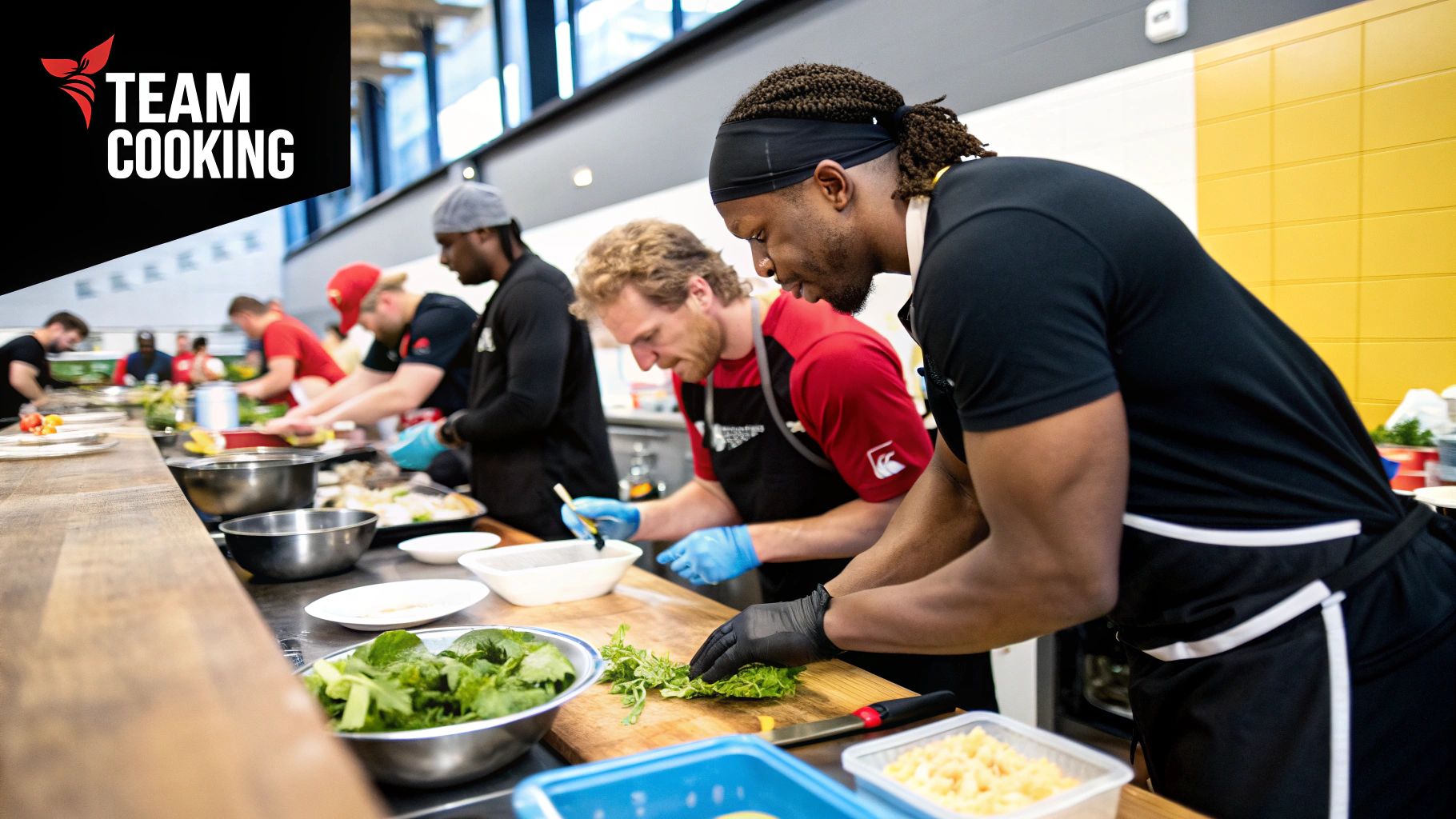 Two teams of people participating in a cooking challenge in a large kitchen
