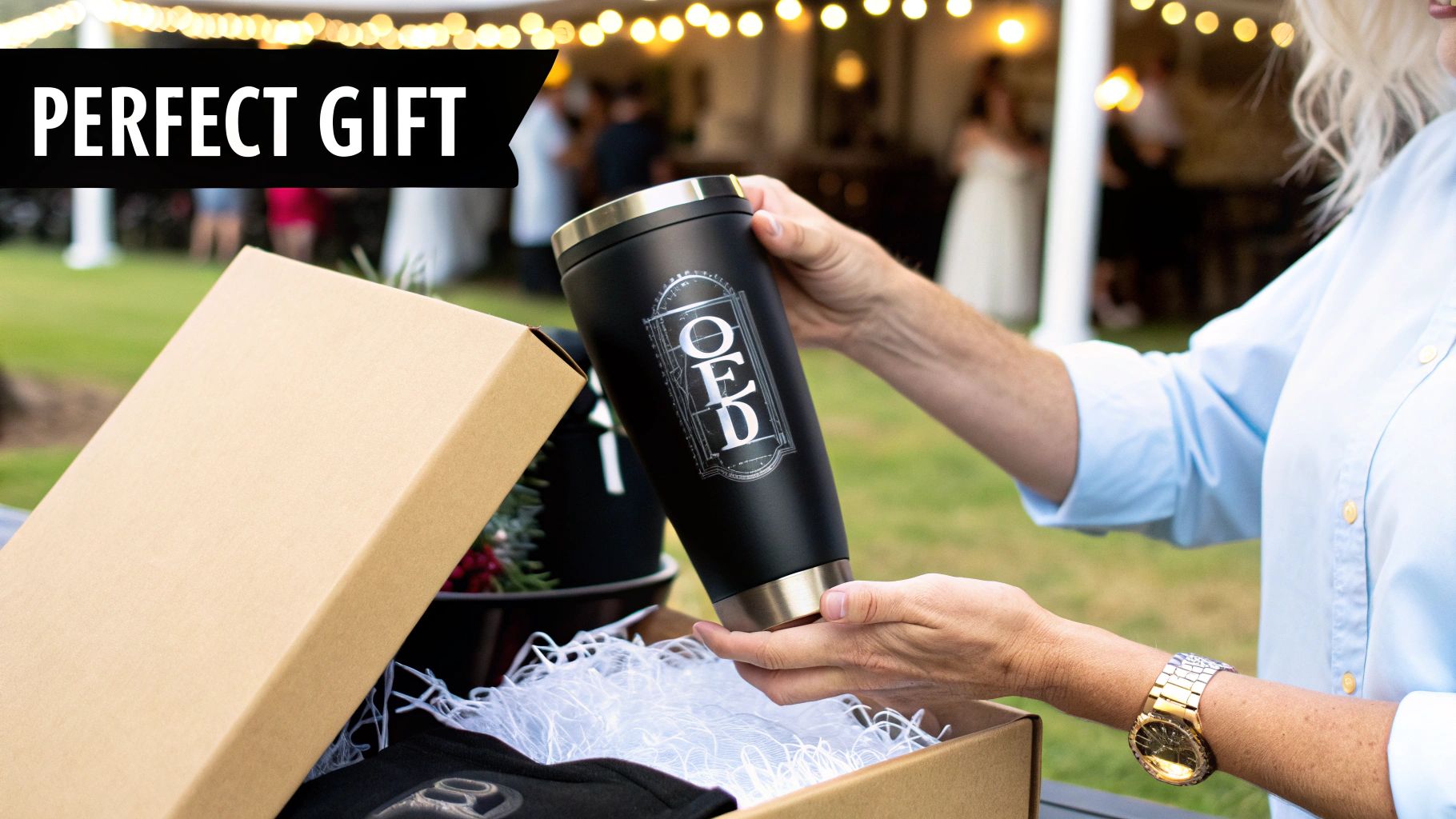 A custom-engraved 30 oz tumbler with a company logo, placed in a gift box.