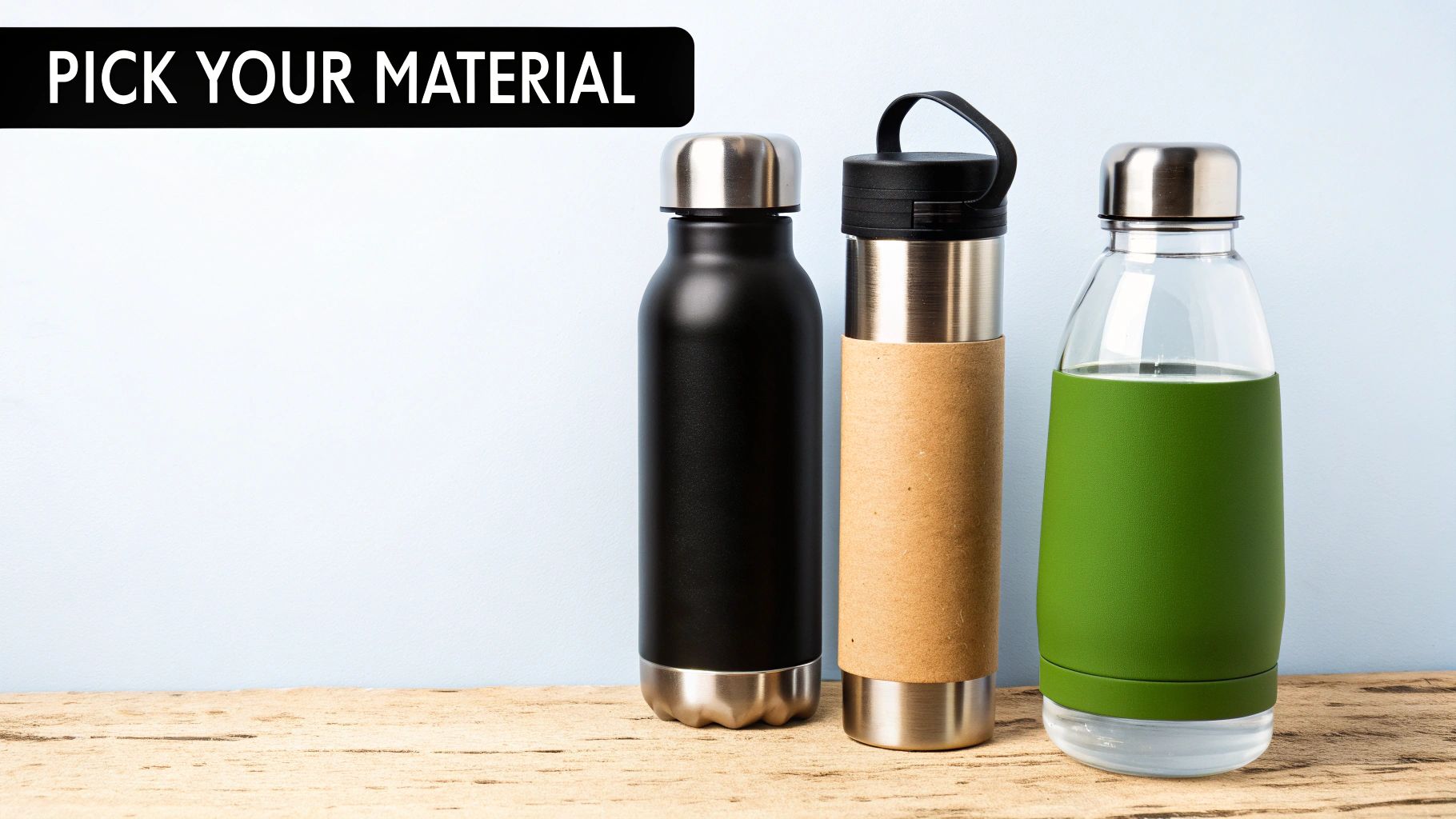 Close-up of various water bottle materials and colors