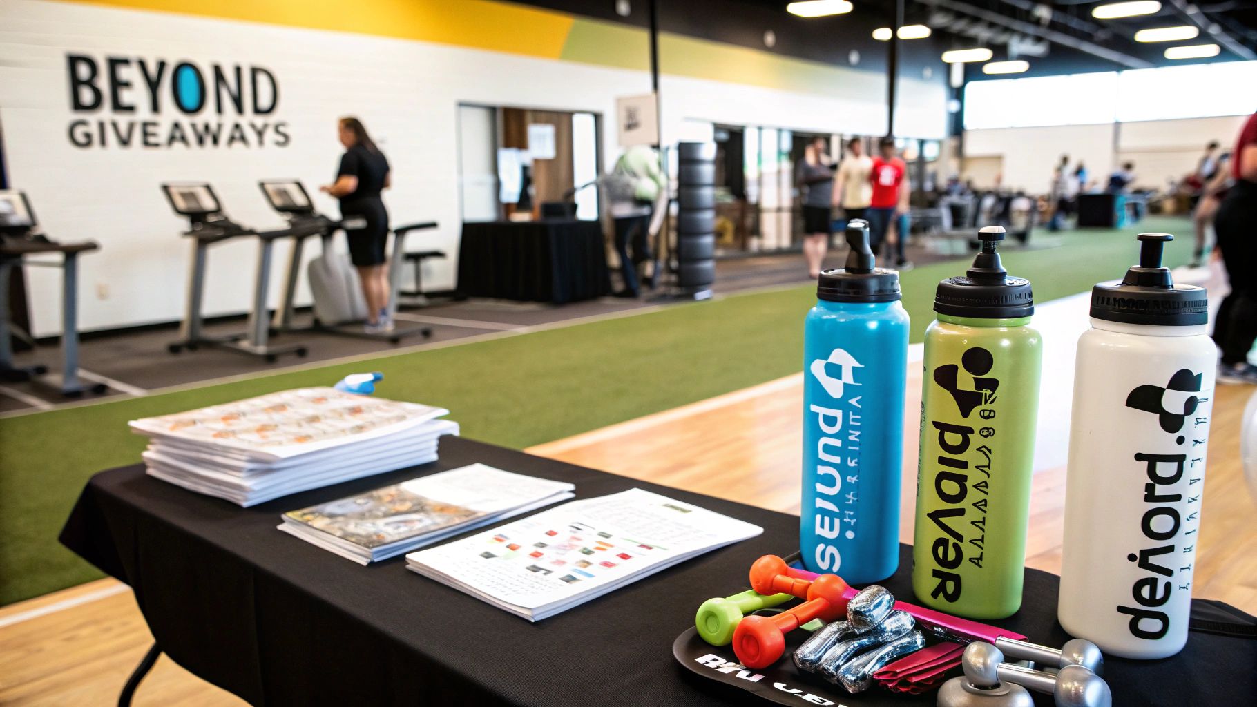 A collection of custom printed water bottles showcasing different branding and design styles.