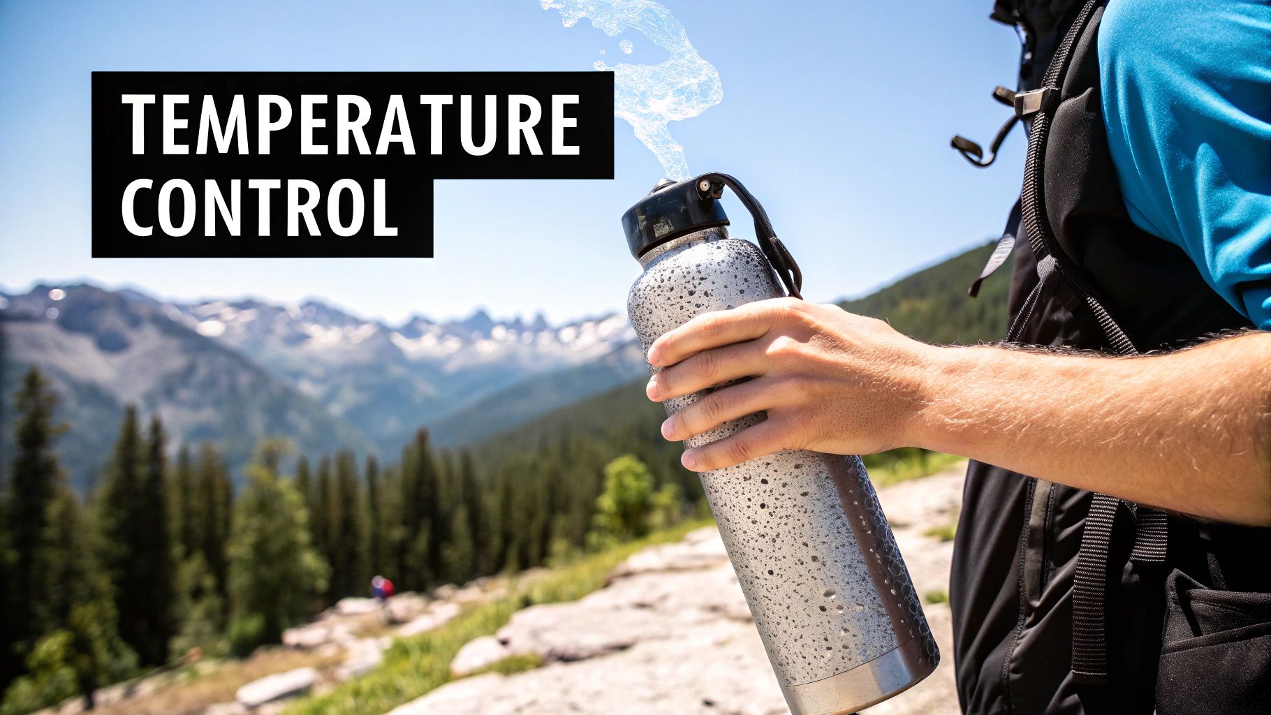 A hiker pouring a steamy drink from an insulated water bottle on a snowy mountain trail.