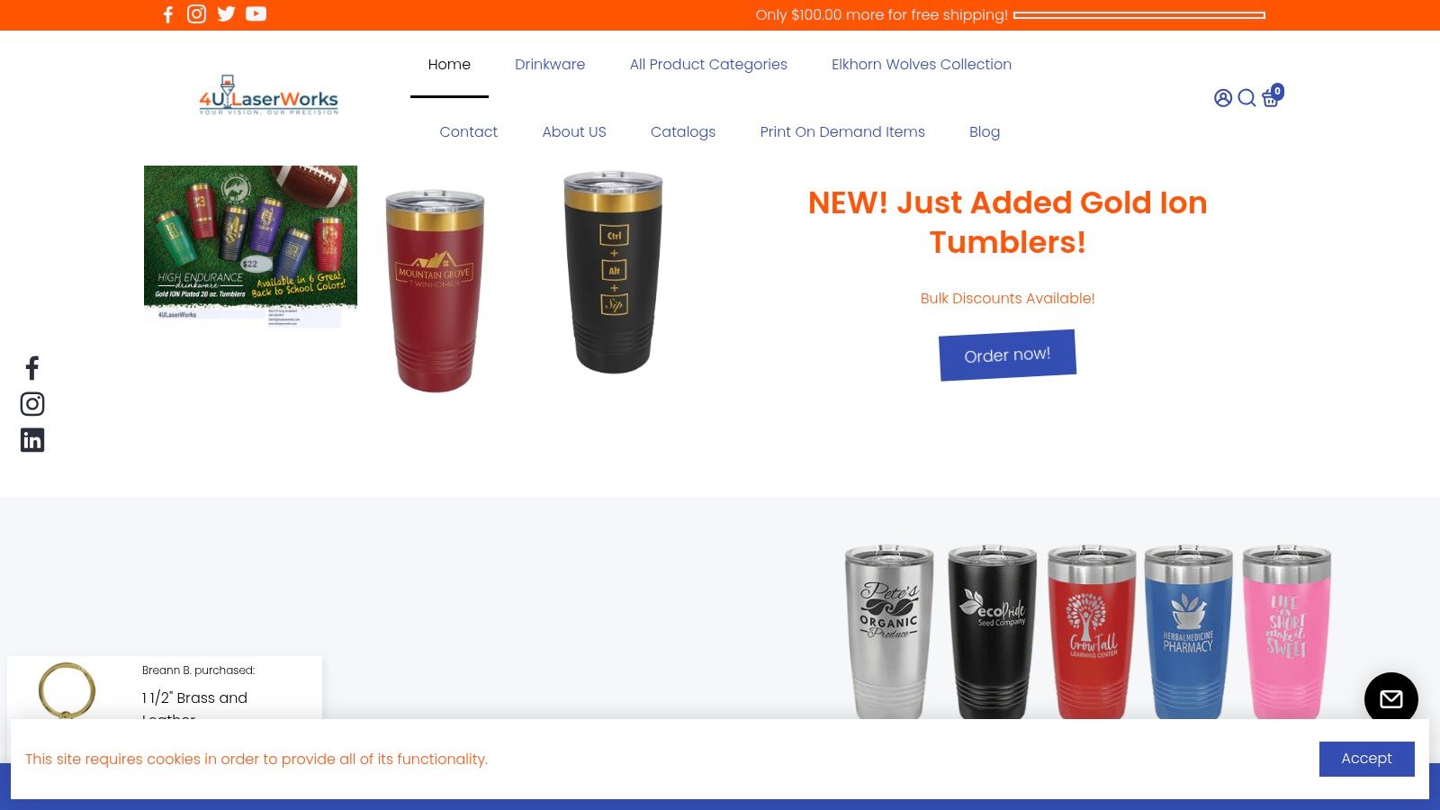 A collection of customized drinkware from 4ULaserWorks, including tumblers and water bottles in various colors with logos and names engraved on them.
