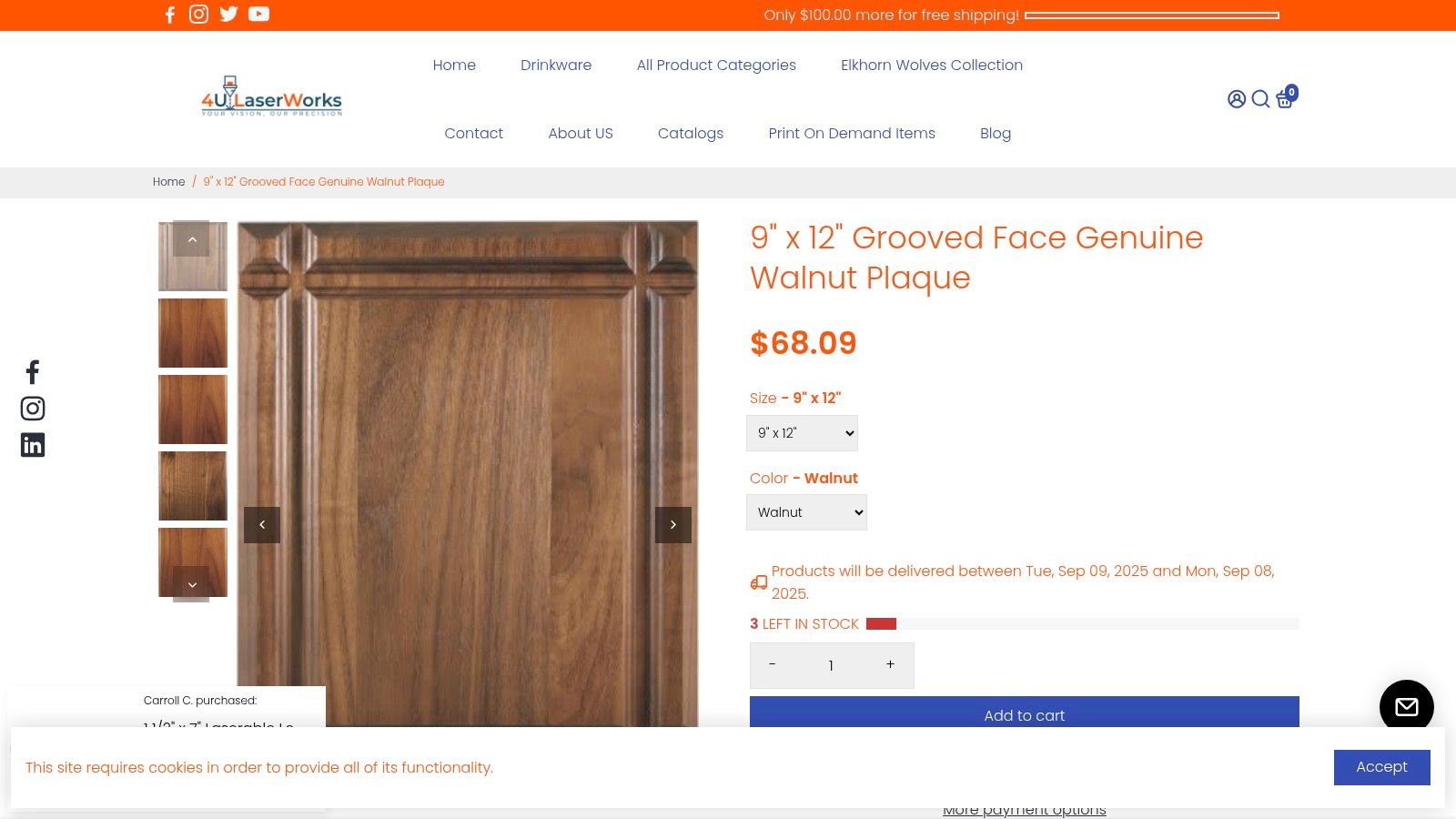 9" x 12" Grooved Face Genuine Walnut Plaque