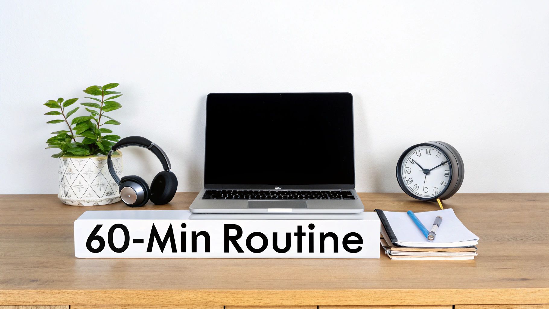 A minimalist desk setup with a laptop, headphones, plant, clock, and "60-Min Routine" sign.