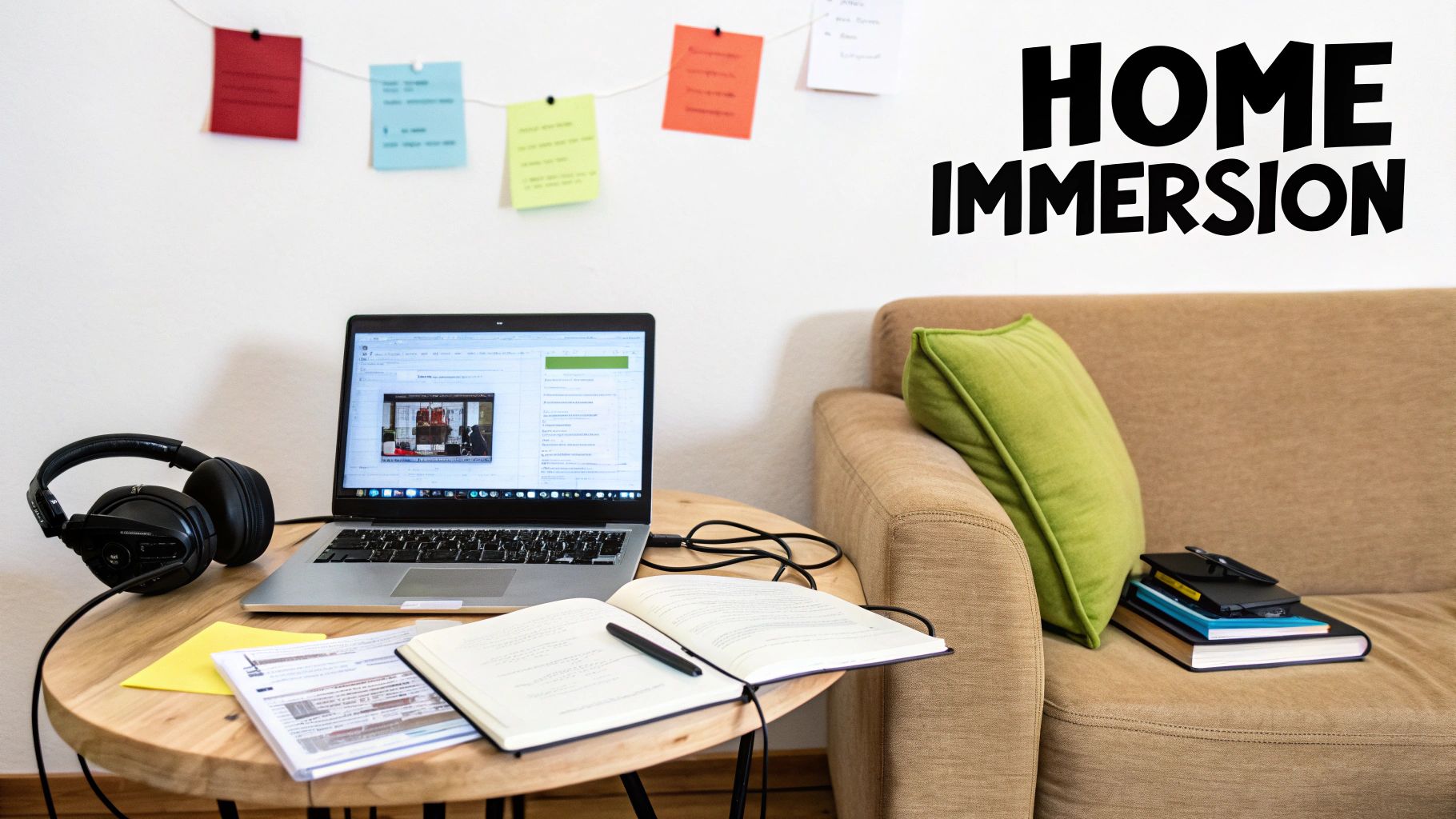 A home study setup with a laptop, headphones, open notebook, and books next to a couch.