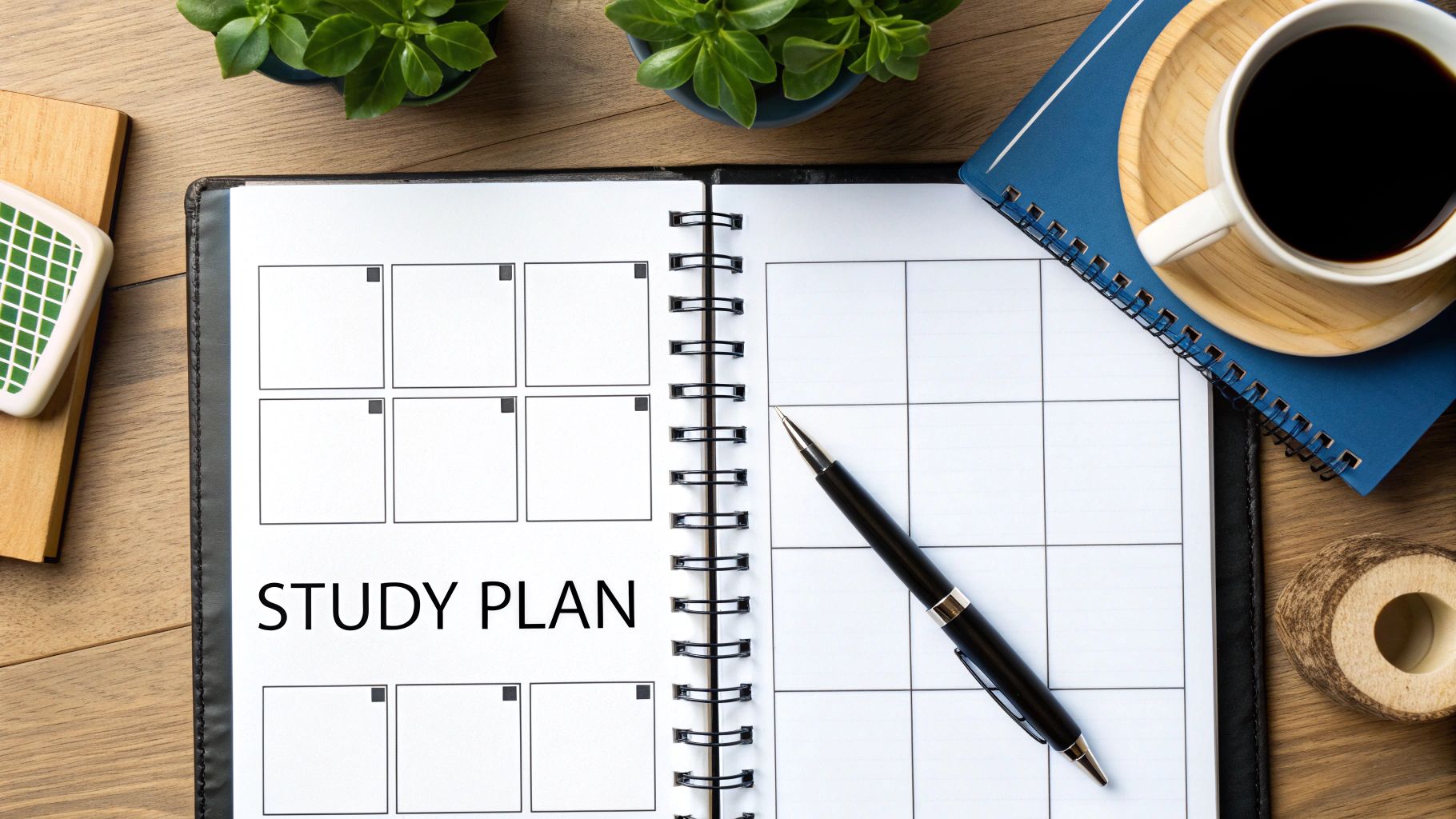 An open planner displaying 'STUDY PLAN' on one page, with a pen, coffee, and plants on a wooden desk.