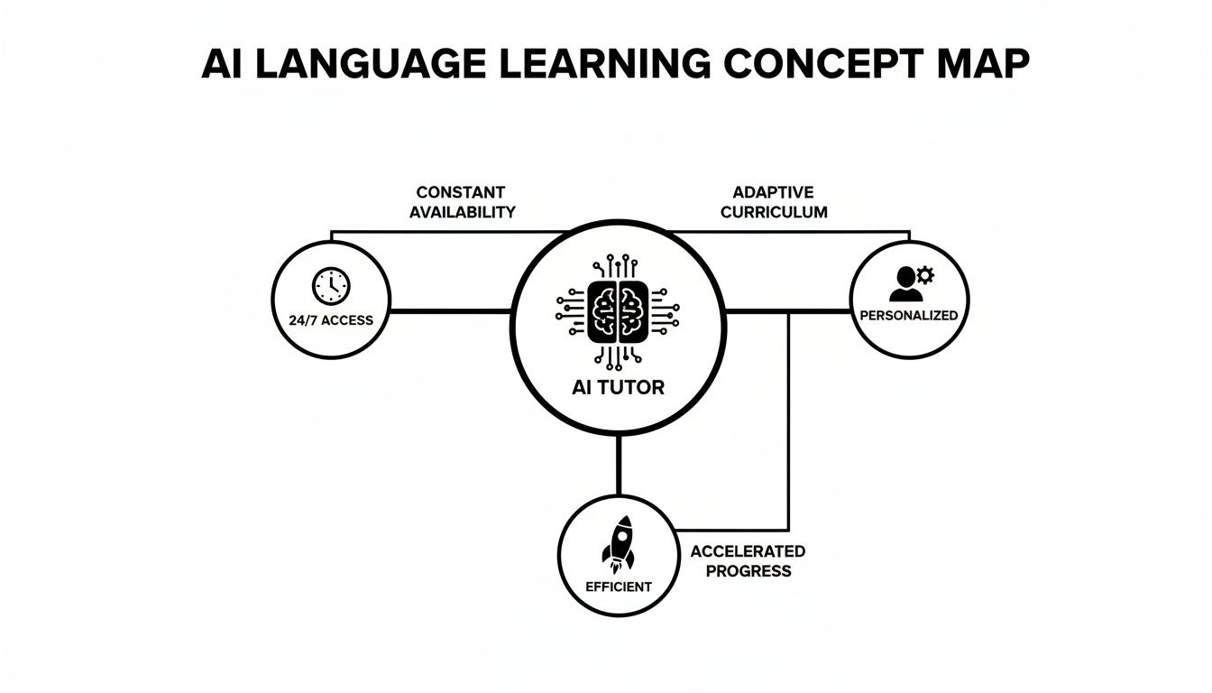 A concept map detailing AI Tutor features for language learning, including 24/7 access, personalized curriculum, and efficient progress.