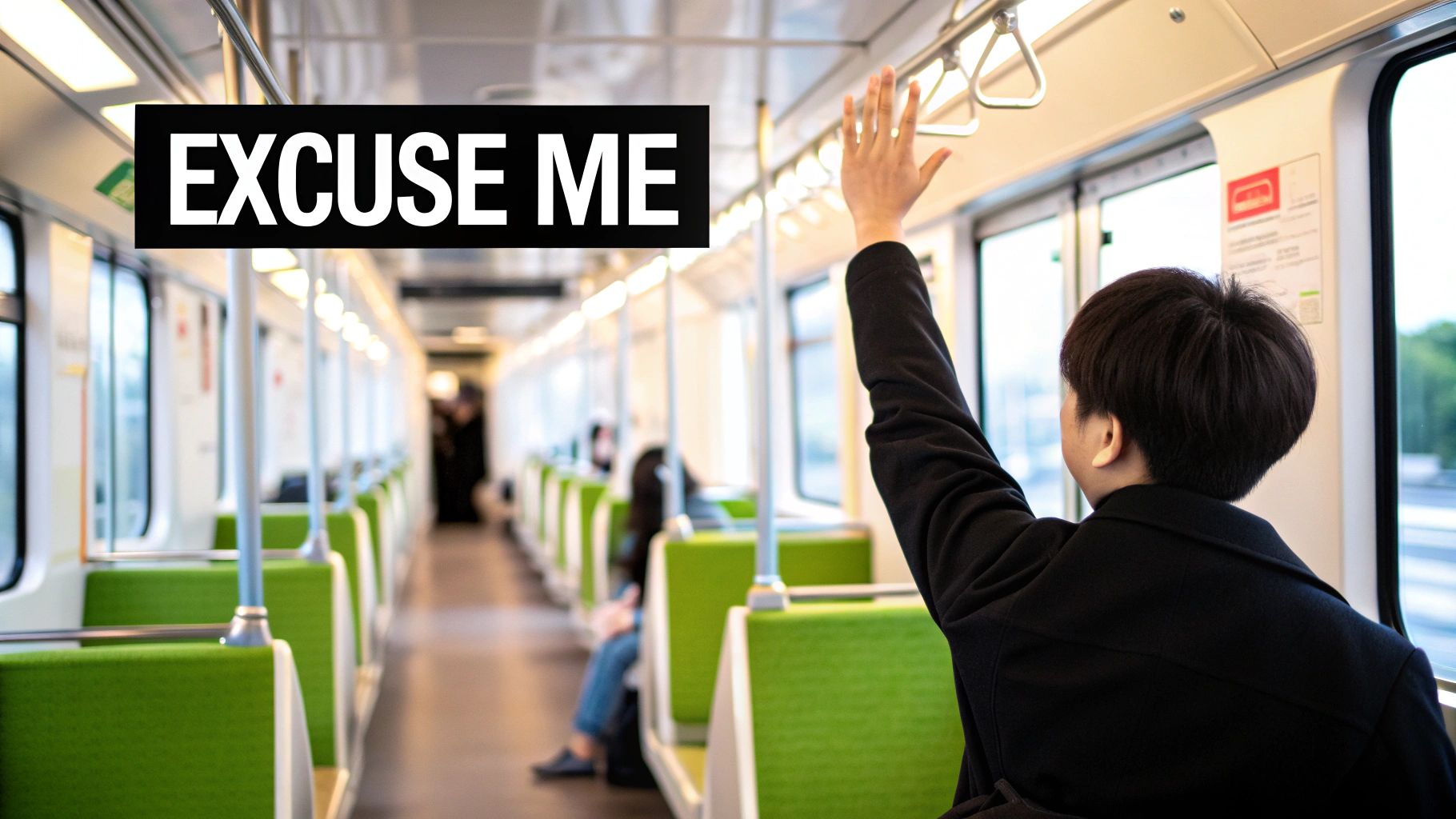 A person stands in a modern train car, holding a handle, with green seats visible. Text overlay reads "EXCUSE ME".