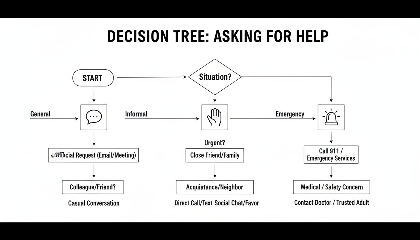 A decision tree flowchart titled 'Asking for Help' outlining steps for seeking assistance based on situation.