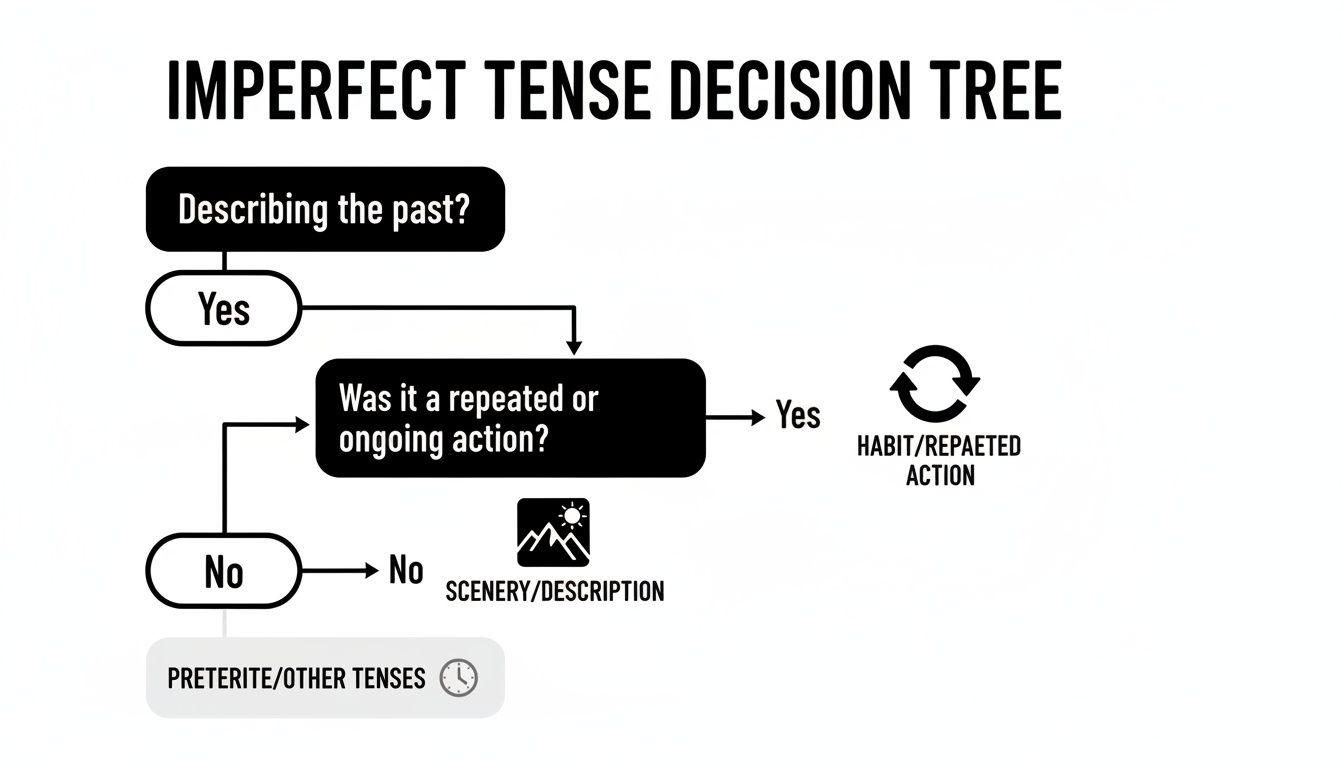 A decision tree flowchart for the imperfect tense, guiding users on past actions, habits, and descriptions.
