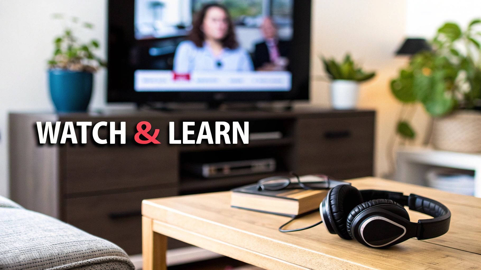A TV displaying an educational program, with headphones, a book, and glasses on a coffee table.