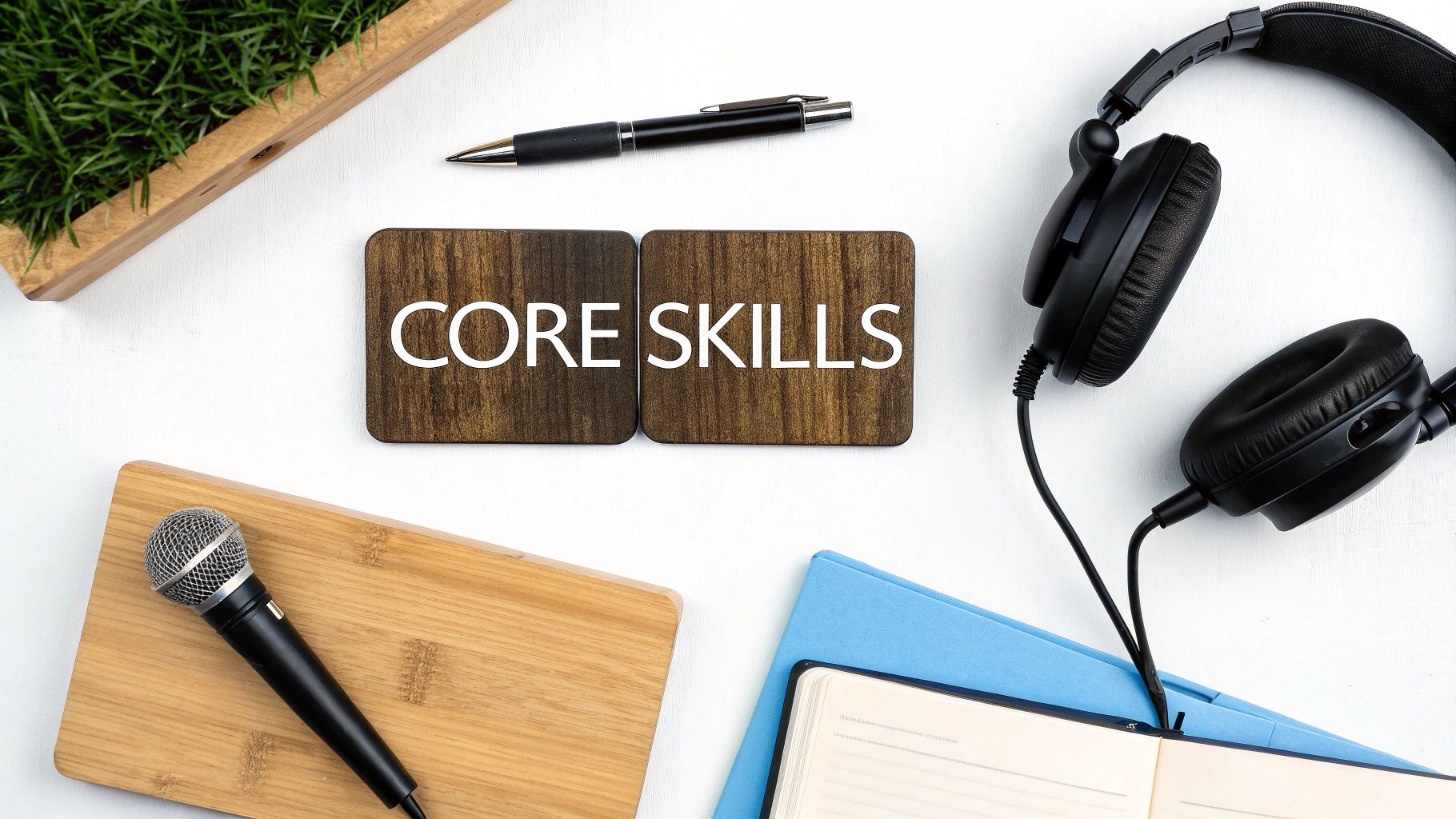 Flat lay of a desk showing 'CORE SKILLS' blocks, headphones, microphone, pen, and a notebook.