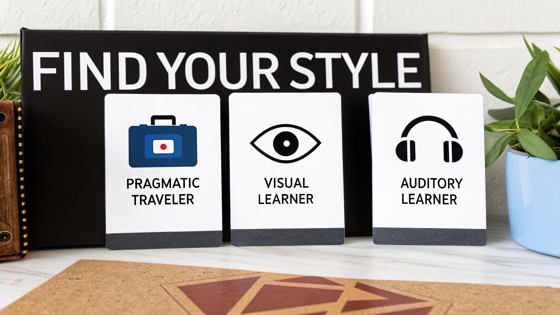 Three white cards representing pragmatic traveler, visual learner, and auditory learner in front of a 'Find Your Style' sign.