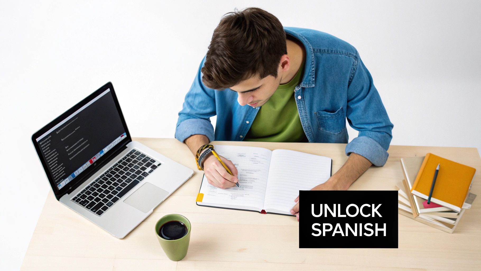A young person studies Spanish, writing notes in a book with a laptop and coffee.