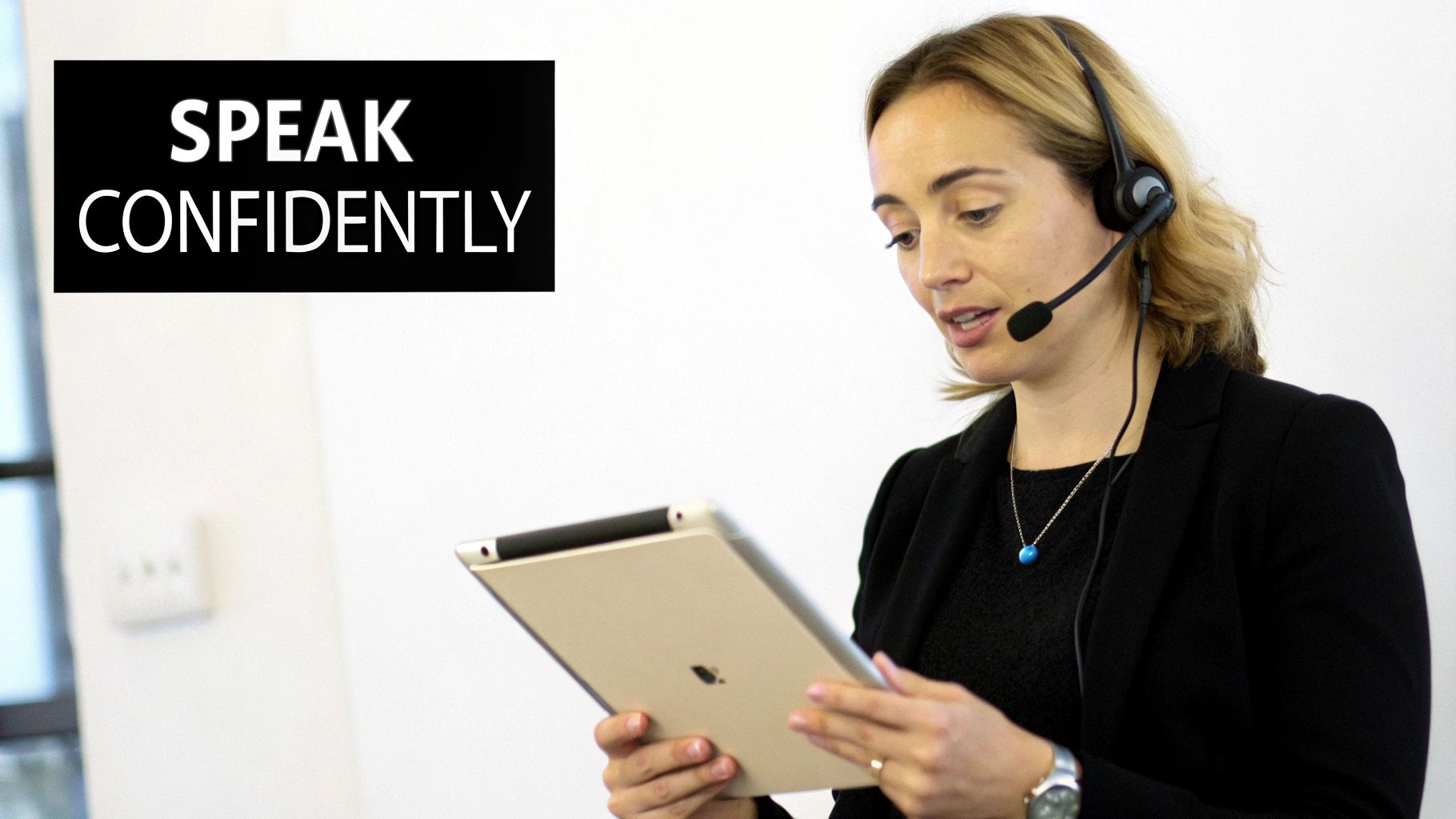 A professional woman with a headset and tablet, next to a 'SPEAK CONFIDENTLY' sign.