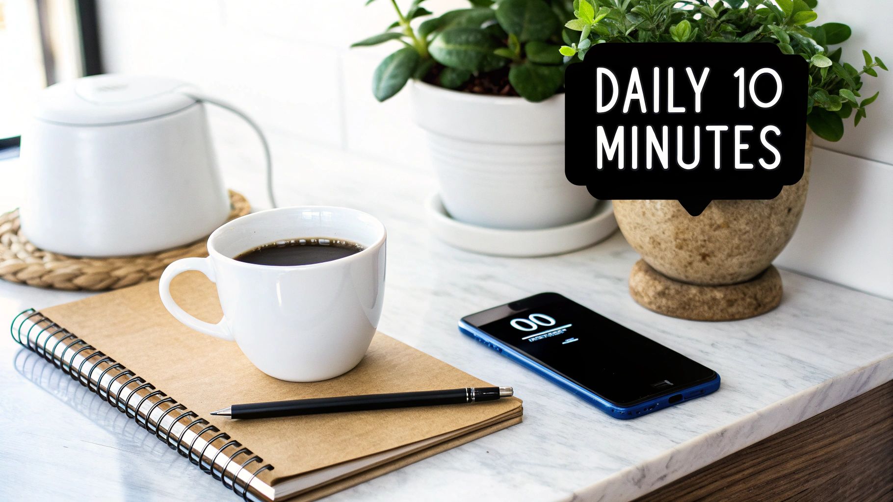 A bright workspace with a coffee cup, notebook, pen, smartphone, and plants, encouraging daily habits.