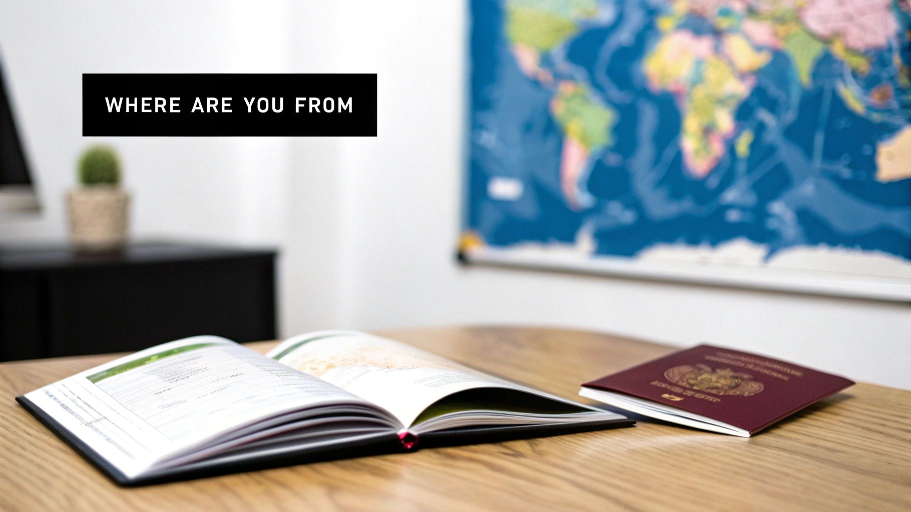 Open book and passport on a wooden desk, with a world map and 'WHERE ARE YOU FROM' text.