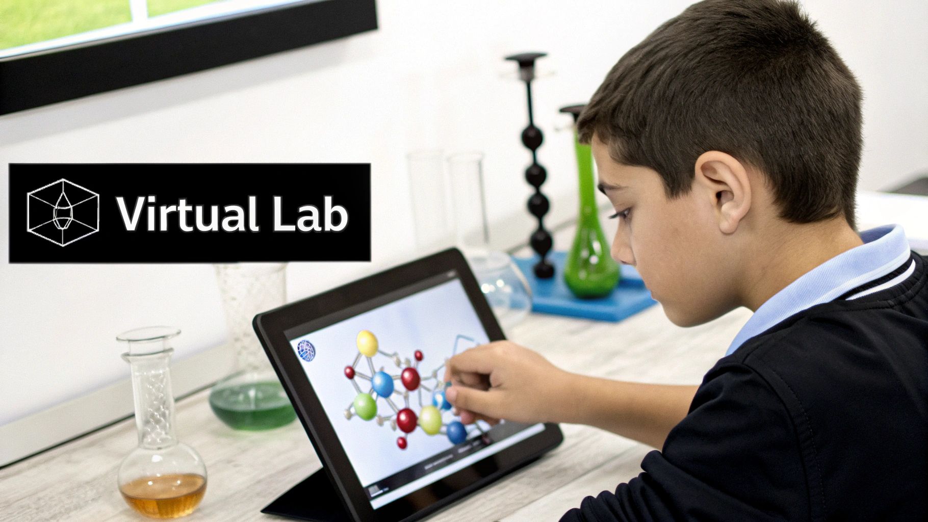 A young boy uses a tablet to interact with a 3D molecular structure in a virtual lab.